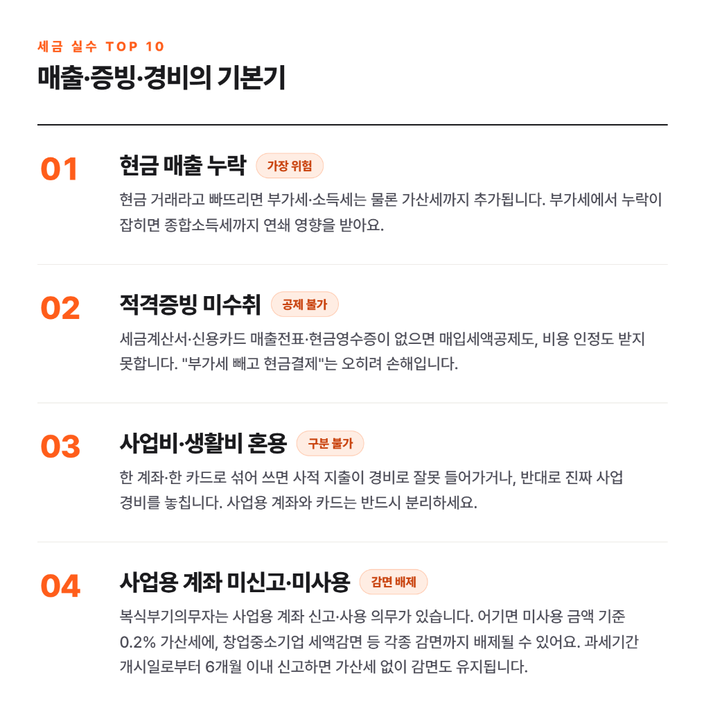 개인사업자가 자주 하는 세금 실수 TOP 10 — 가산세·공제 누락 완전 정리